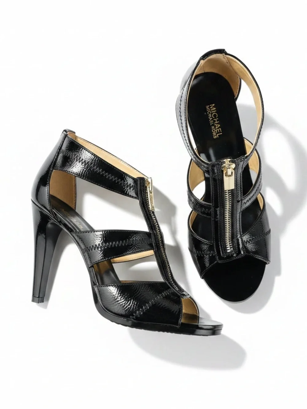 MICHAEL Michael Kors Black Patent Leather T-Strap Zip High Heels